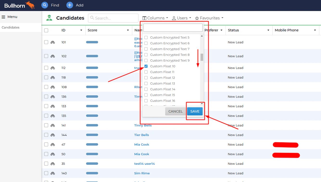 Custom fields column