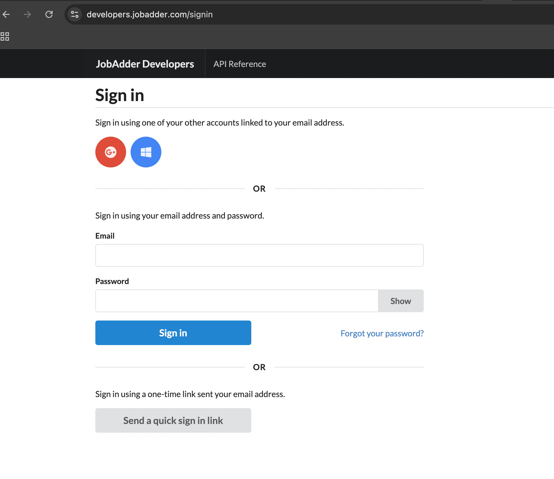 JobAdder Developer Portal login screen