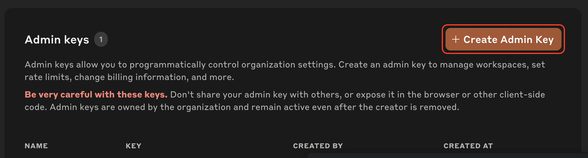 Create a new Admin Key