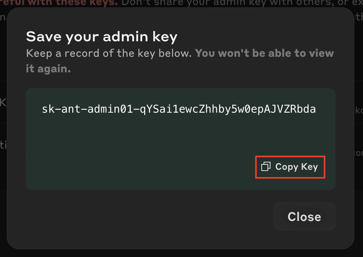 Copy your Admin Key
