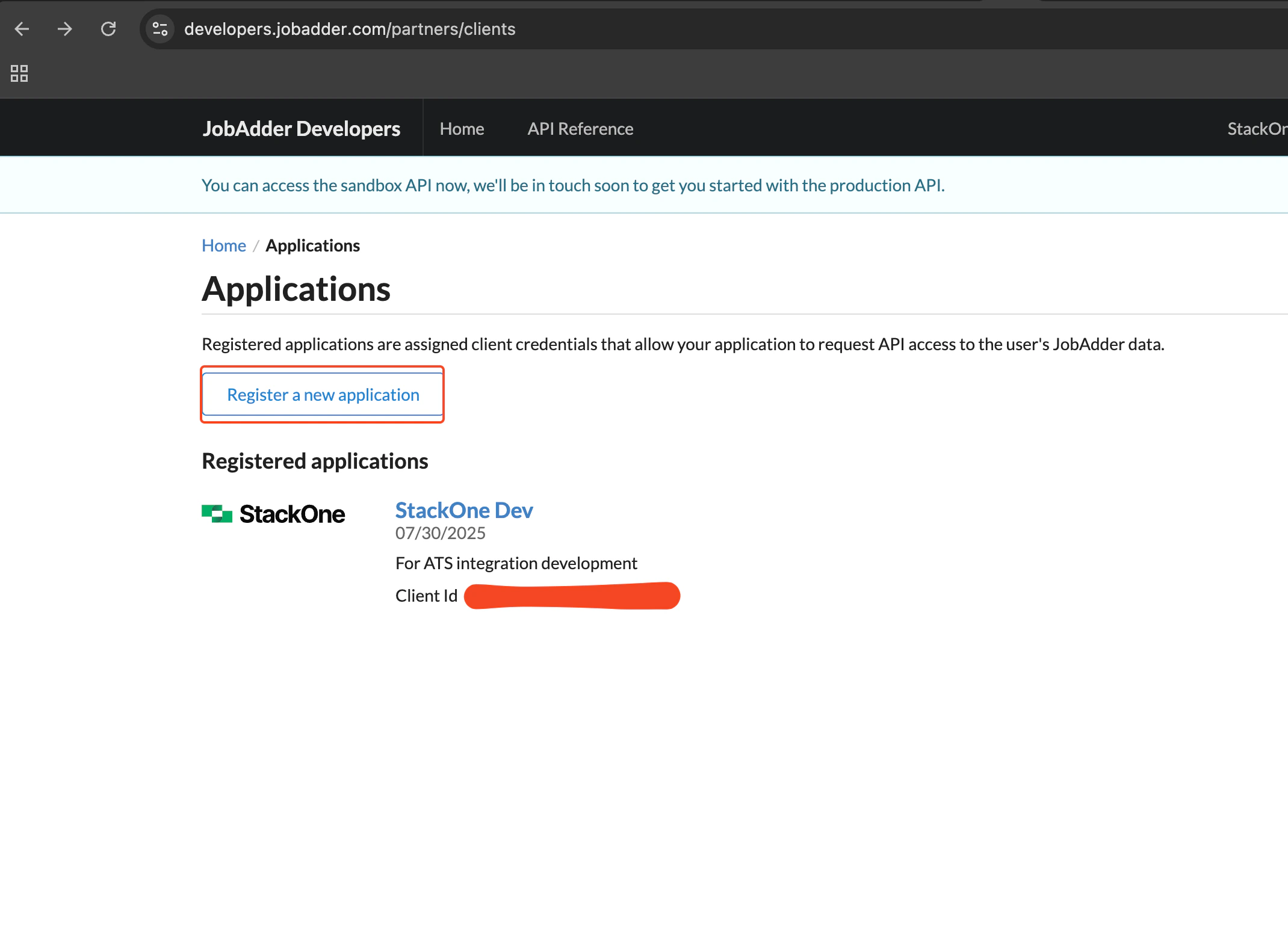 Register a new application in JobAdder