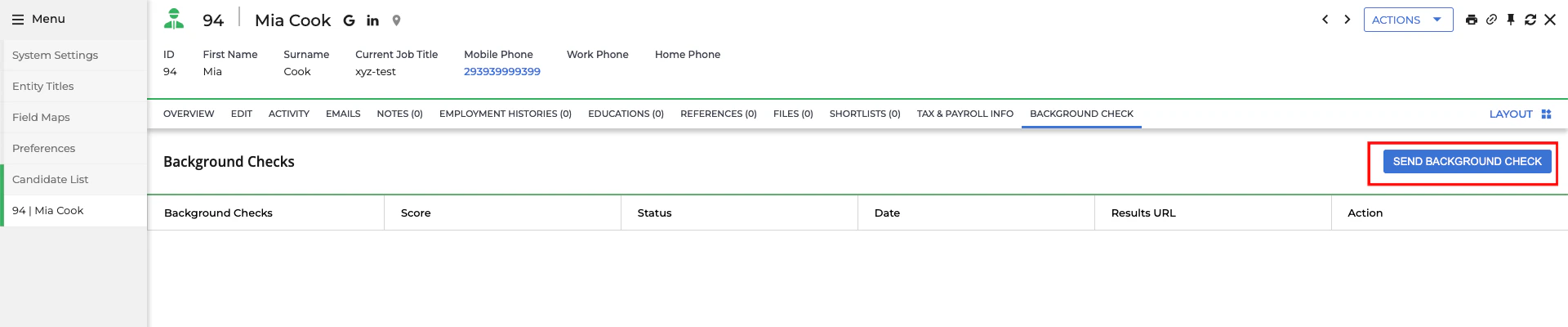 Edit/View Assessment/Background check Status ID