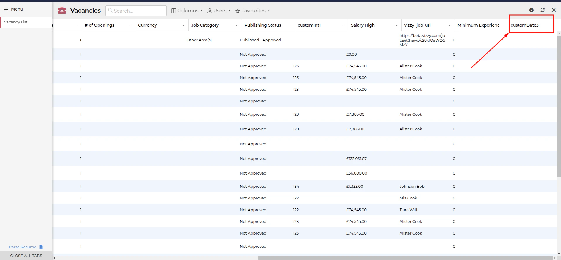 Custom fields column