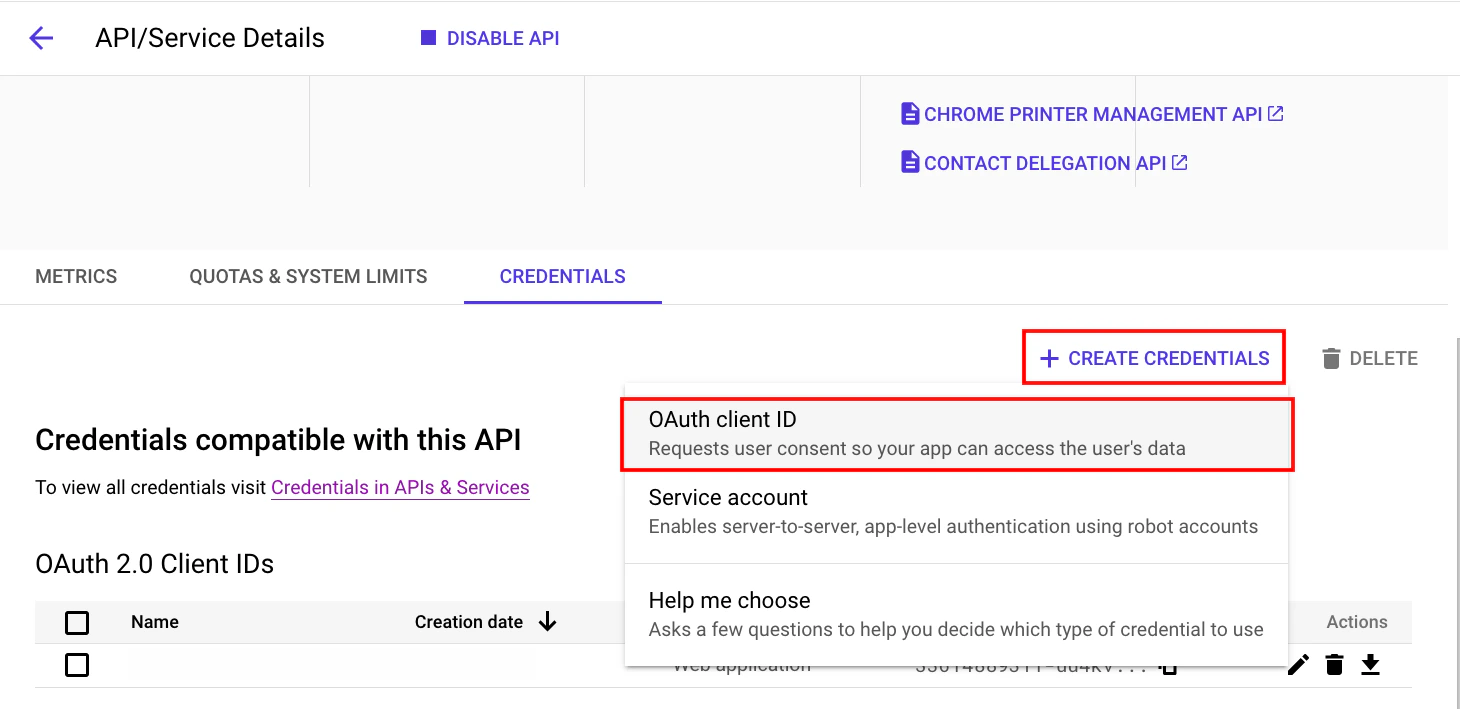 Create New OAuth Client ID