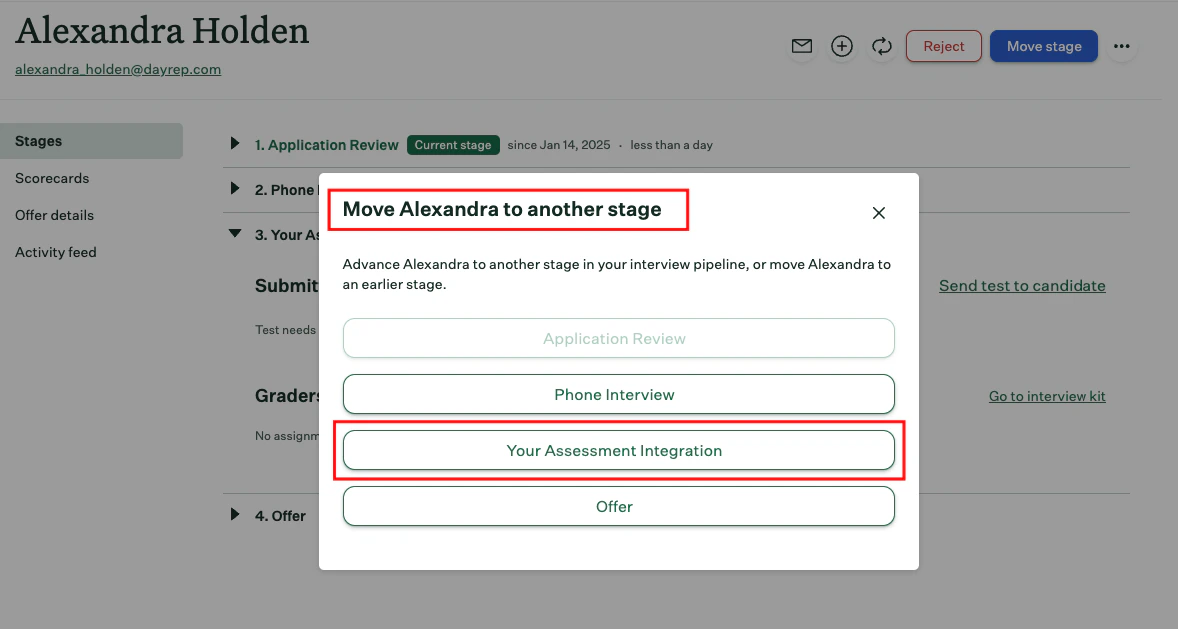Move Candidate to the Assessment or Background Check Stage