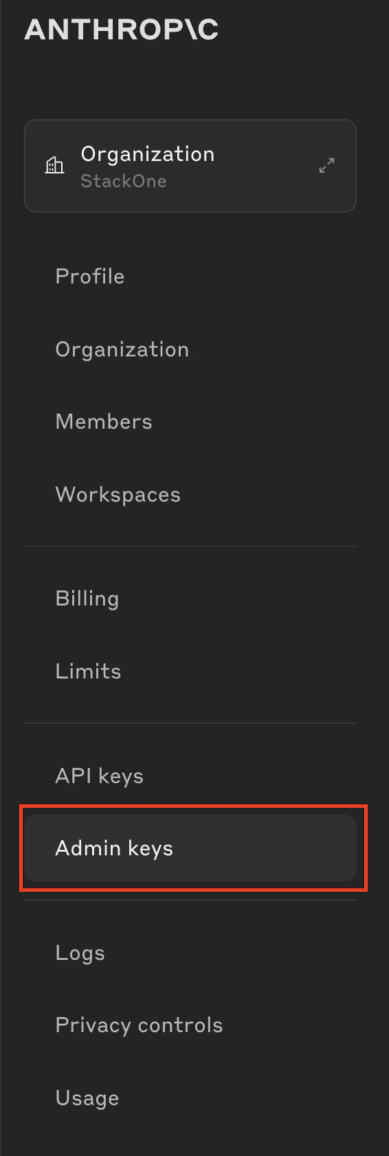 Navigate to Admin Keys