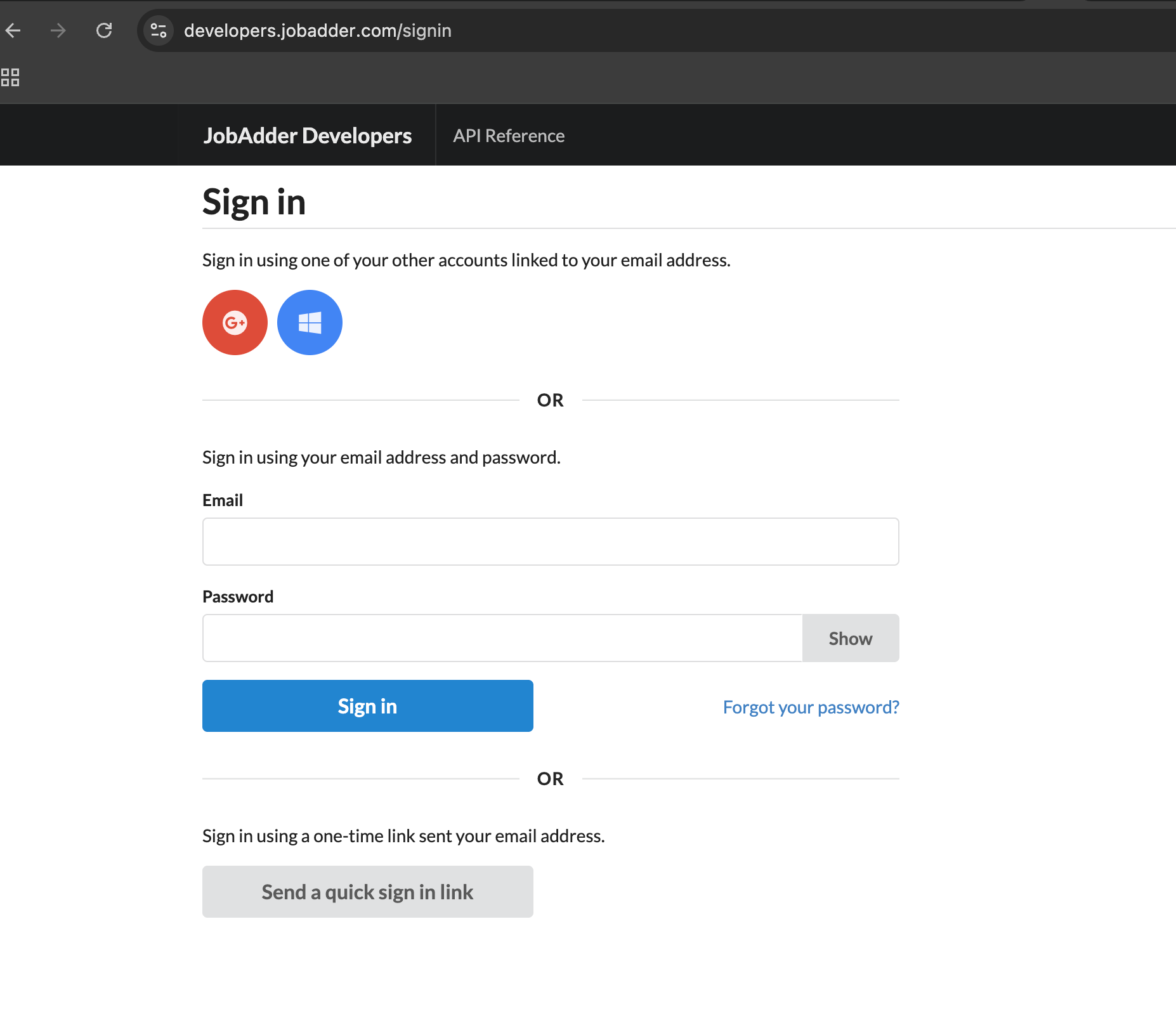 JobAdder Developer Portal login screen