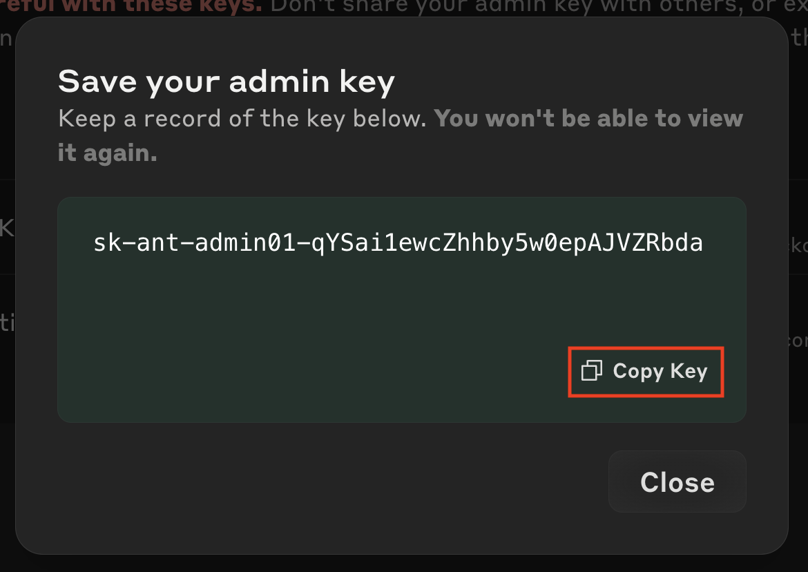 Copy your Admin Key