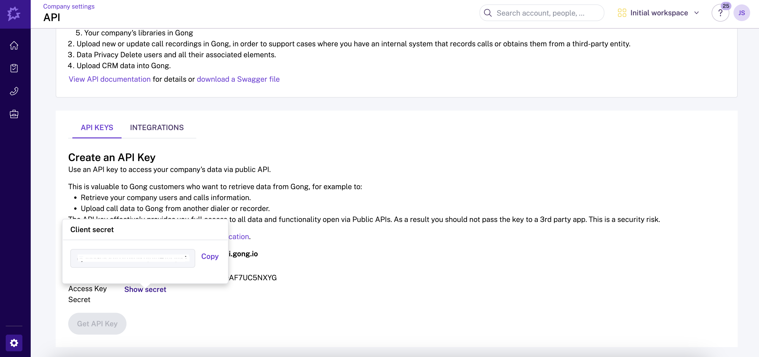 API Access Key dialog