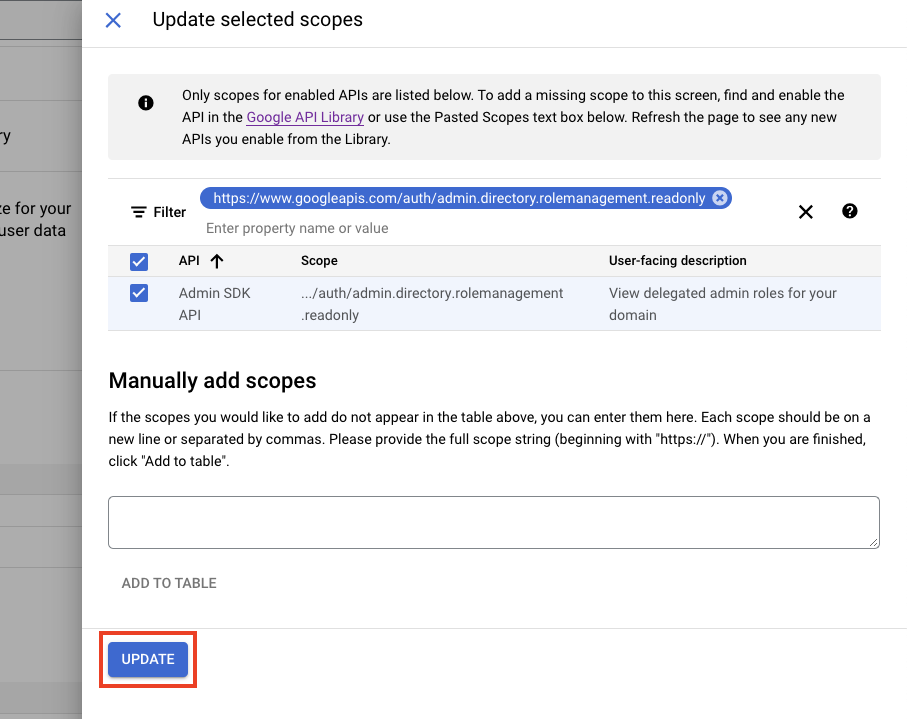 Update Scopes Button