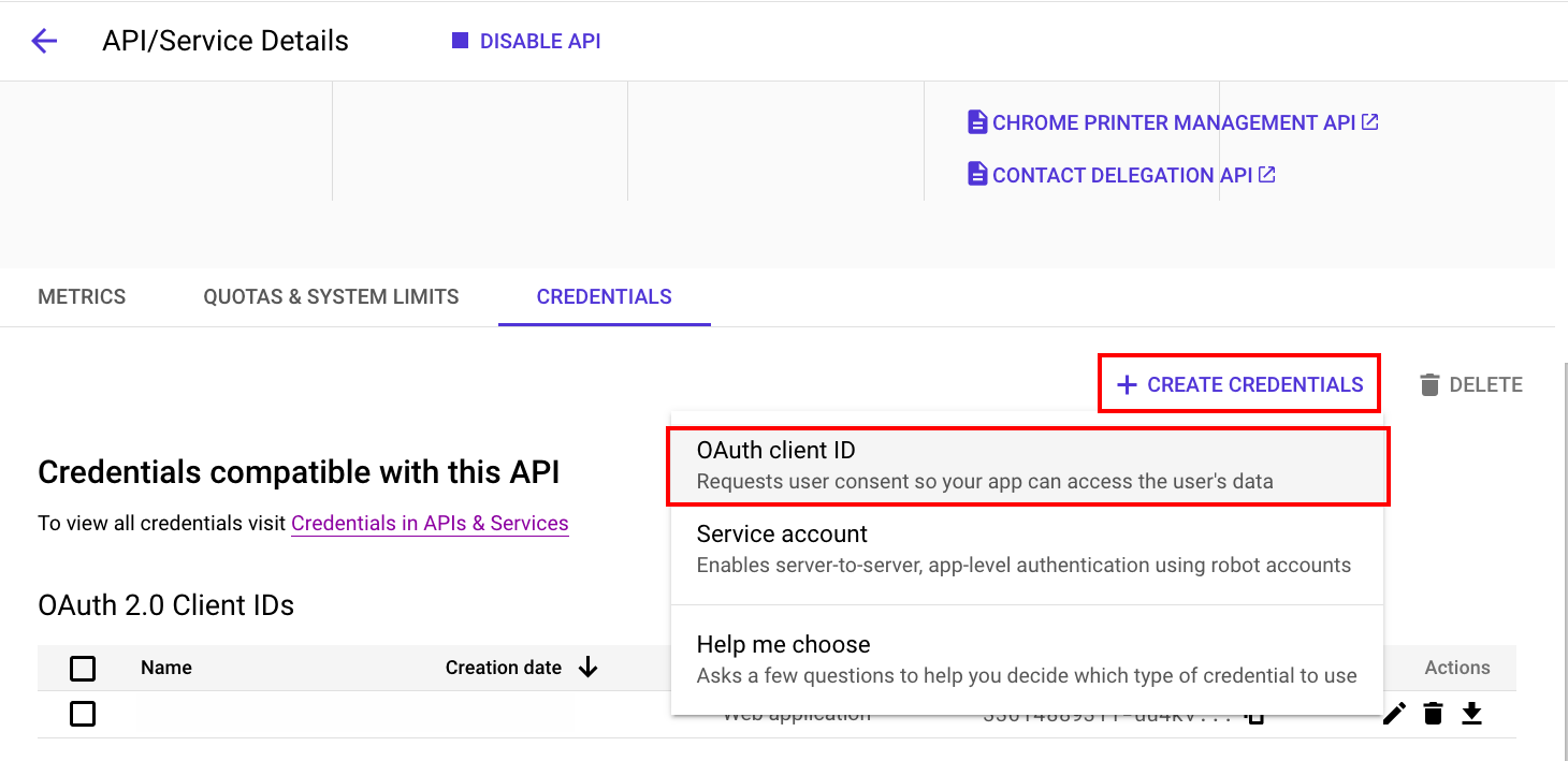 Create New OAuth Client ID