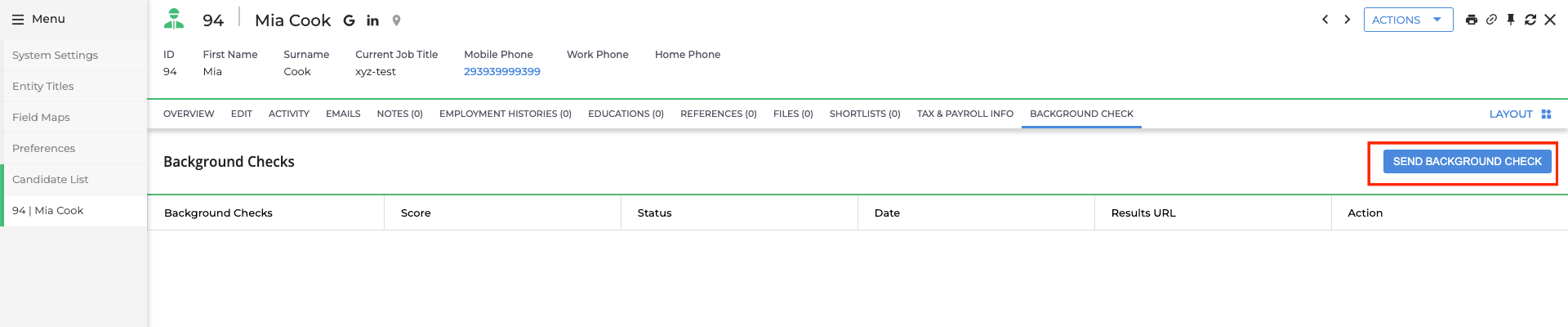 Edit/View Assessment/Background check Status ID