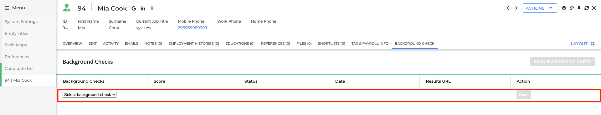 Edit/View Assessment/Background check Status ID