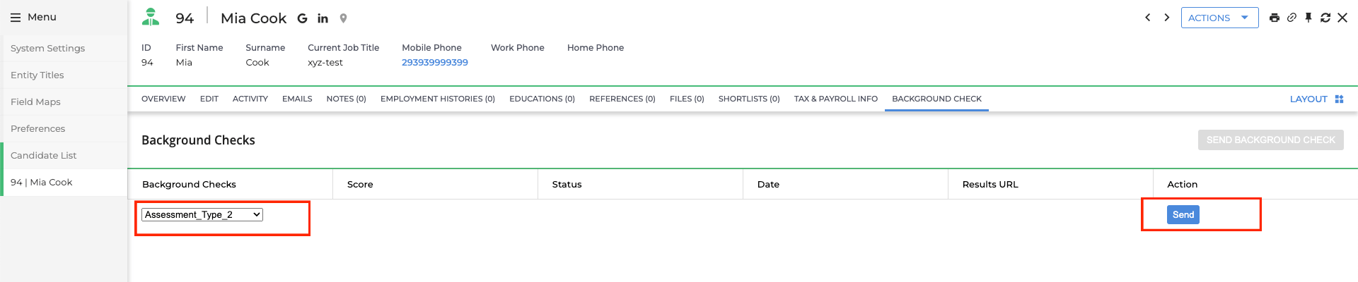 Edit/View Assessment/Background check Status ID