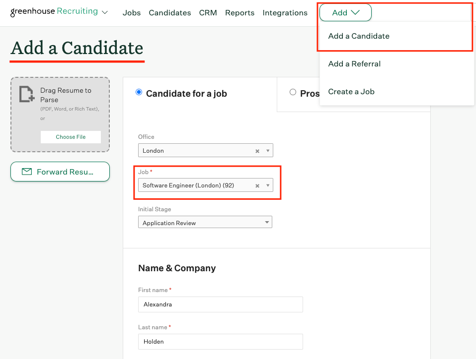 Add New Candidate within the Job