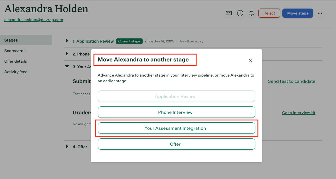 Move Candidate to the Assessment or Background Check Stage