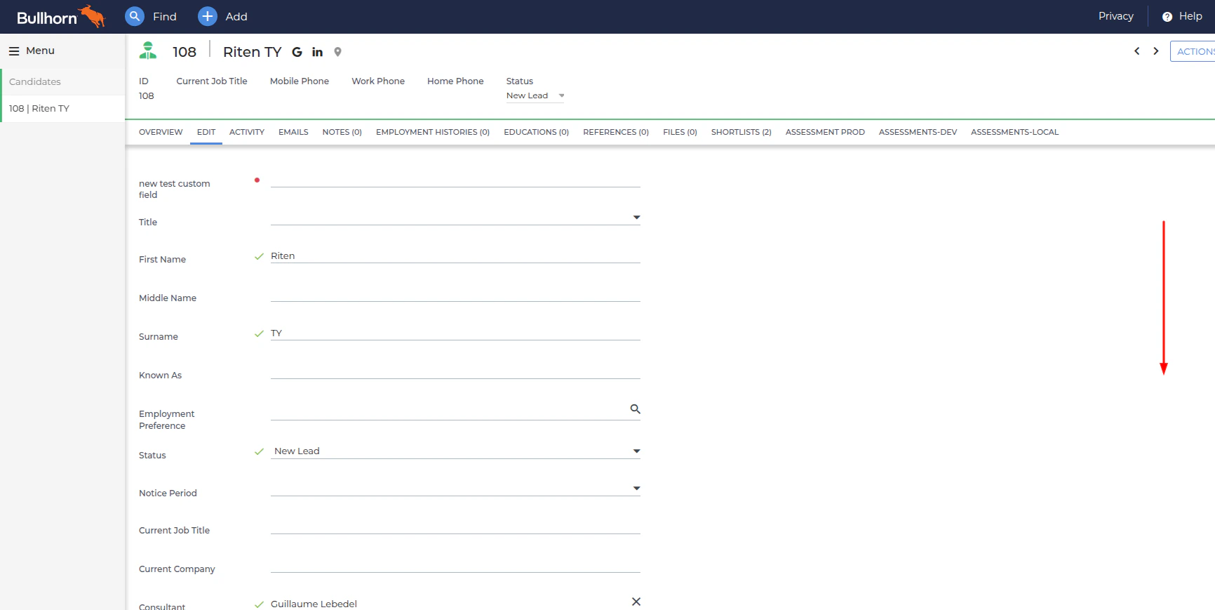 Candidate profile edit section