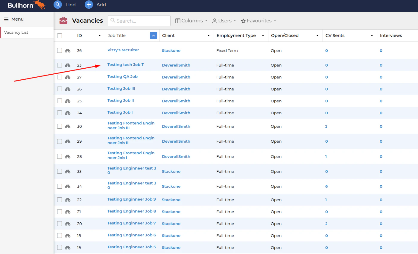 Custom fields view in the table