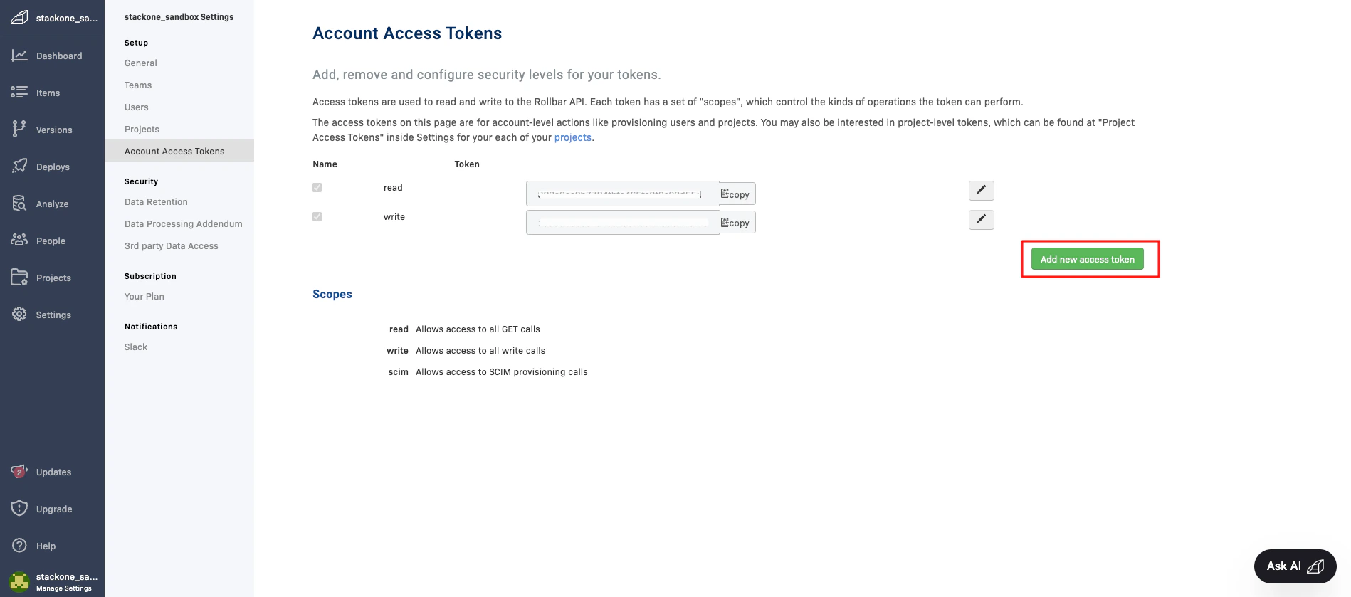 Add Account Access Token