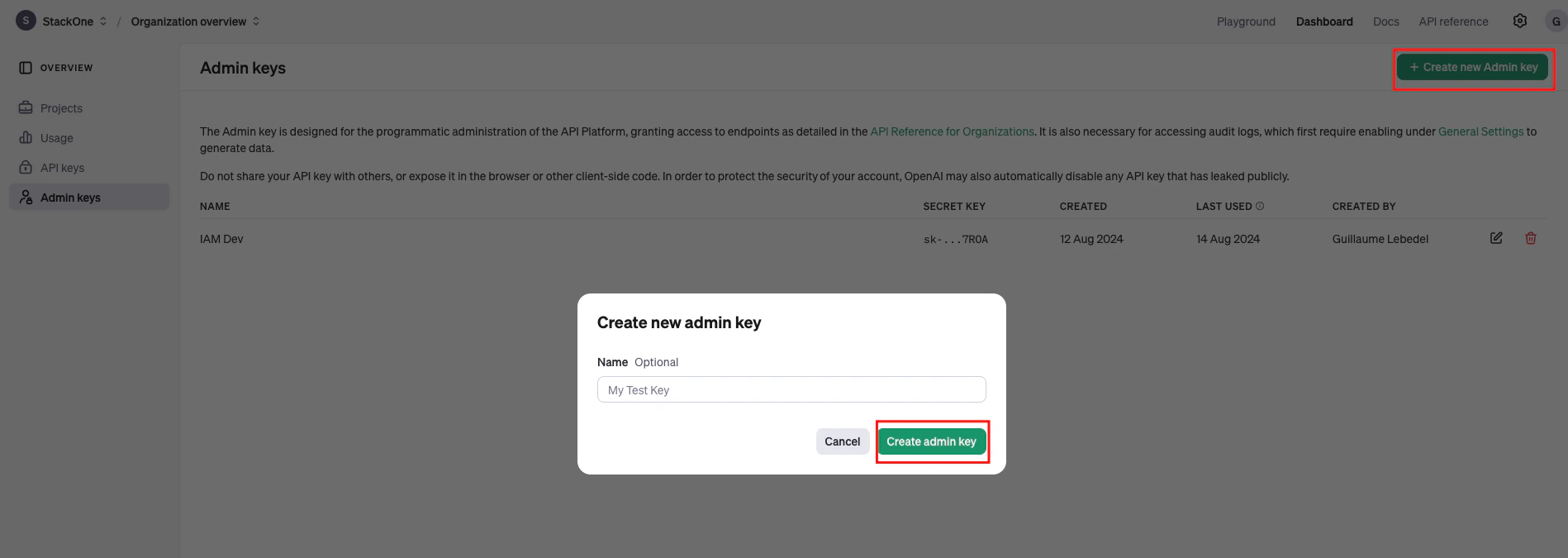 Create new Admin Key