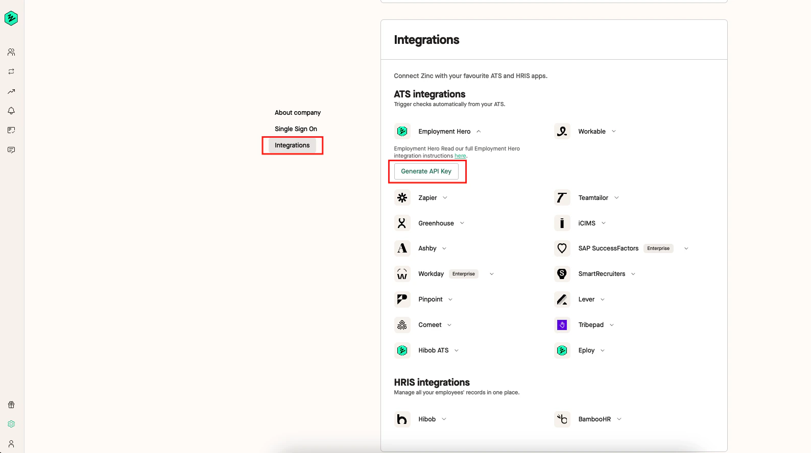 Company settings page