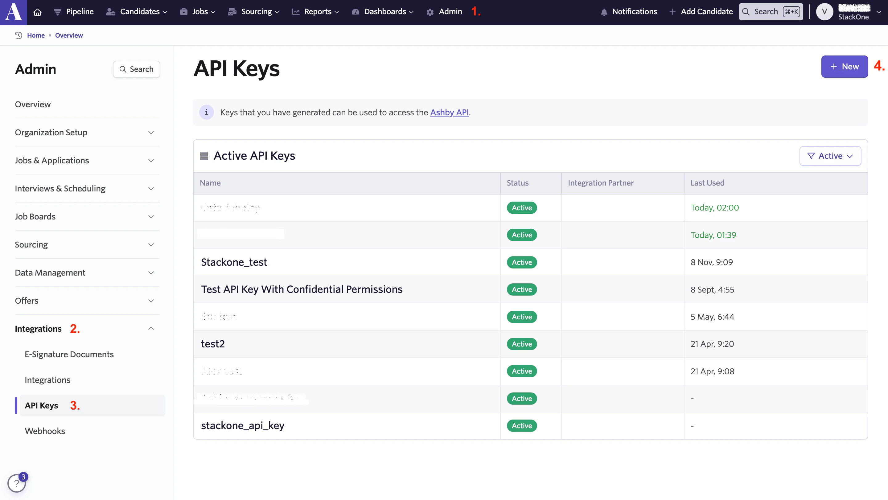 API Keys page