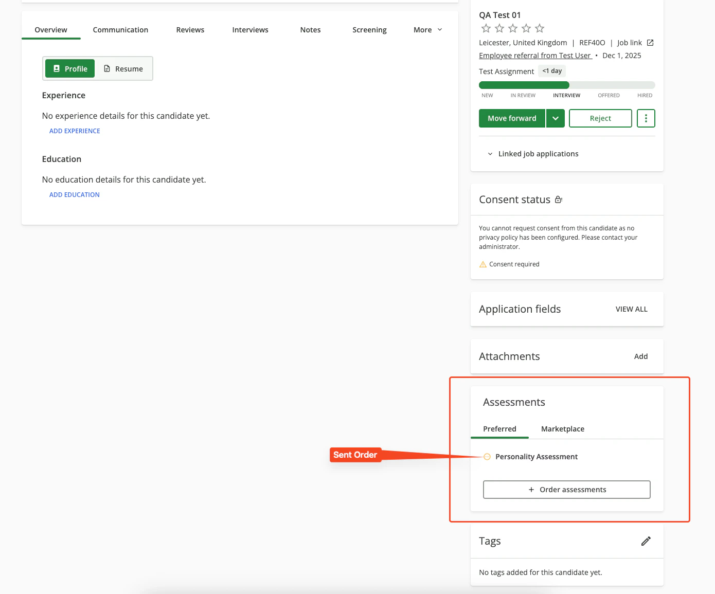 Assessment Sent Status
