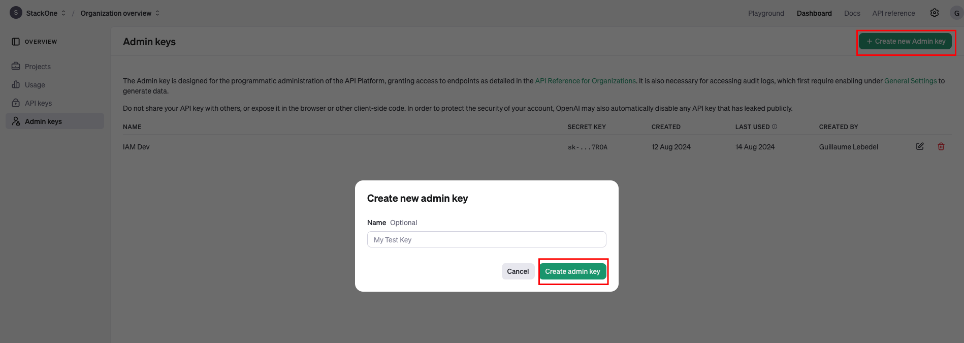 Create new Admin Key