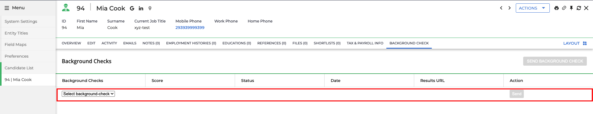 Edit/View Assessment/Background check Status ID