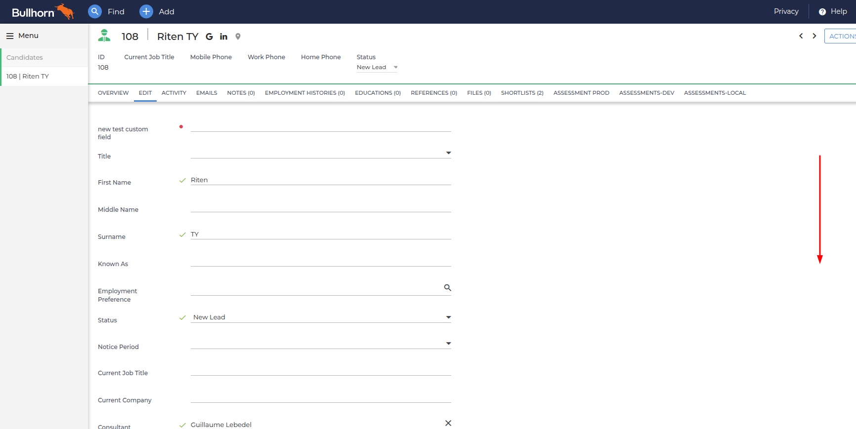 Candidate profile edit section