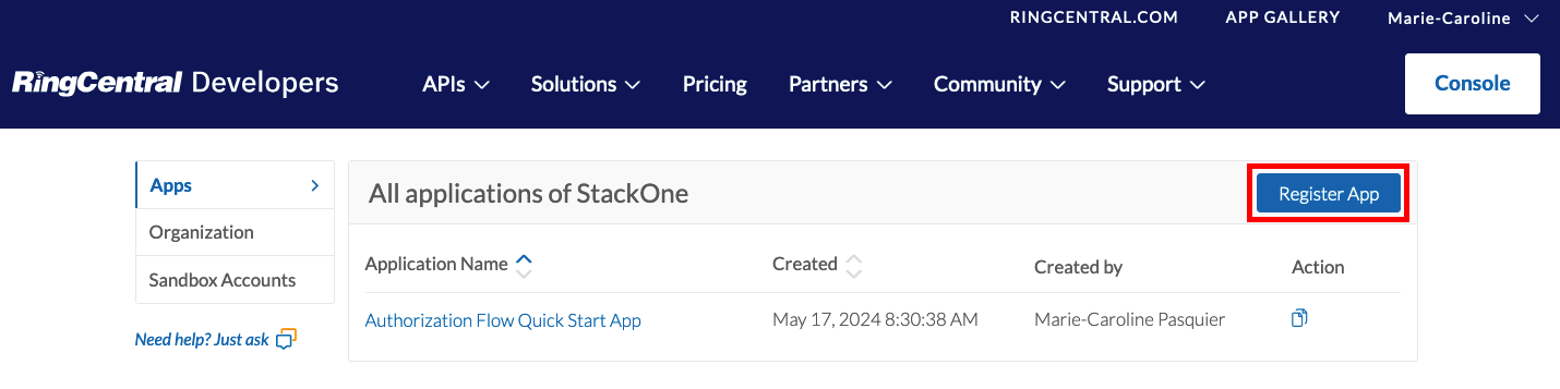 Register App Button