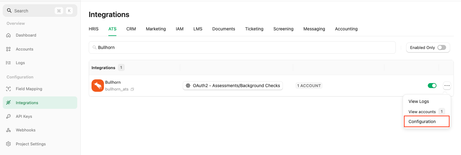 Bullhorn Integration Setup