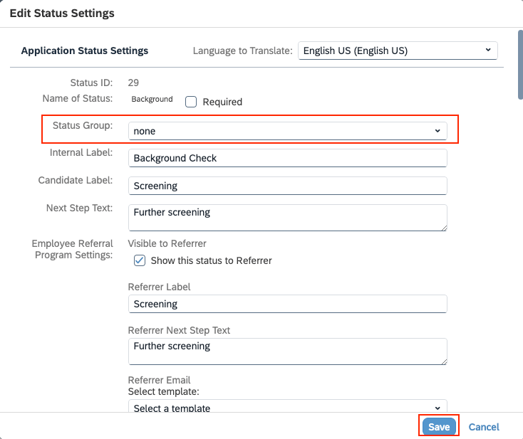 Edit Applicant Status Set configurations