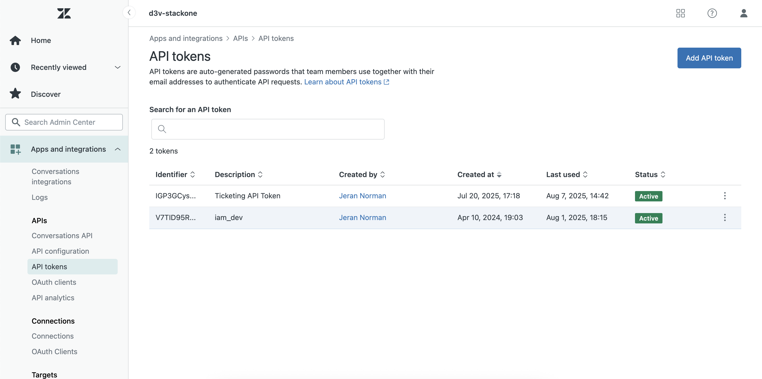 API Tokens page