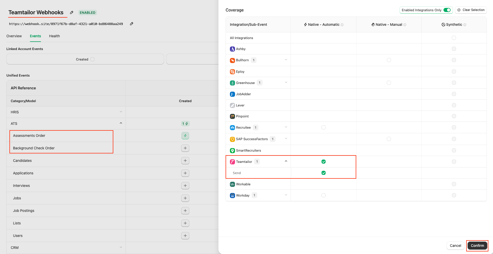 Select webhook events