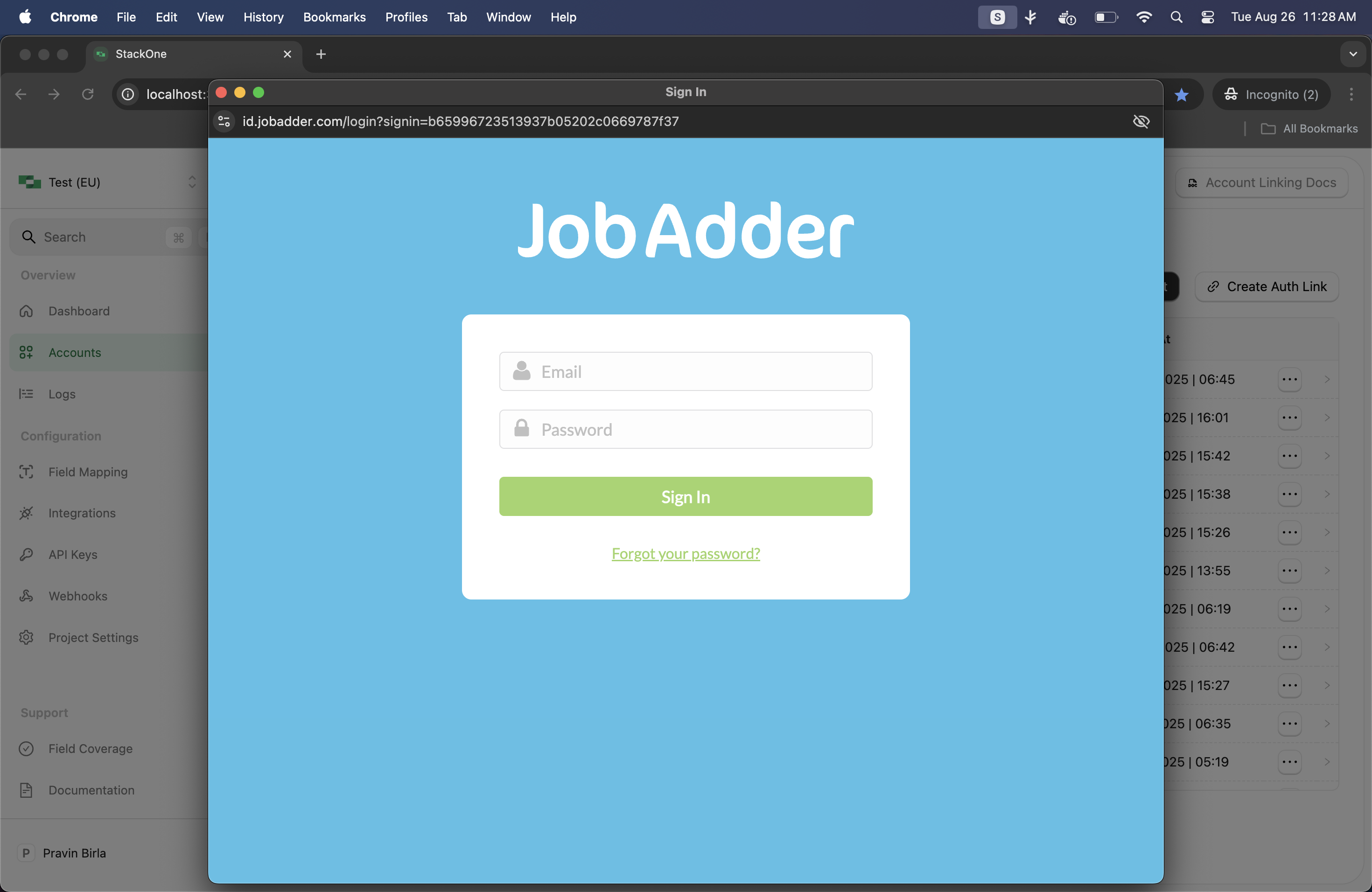 JobAdder authorisation window