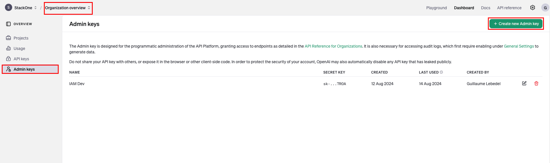 Admin Keys Page