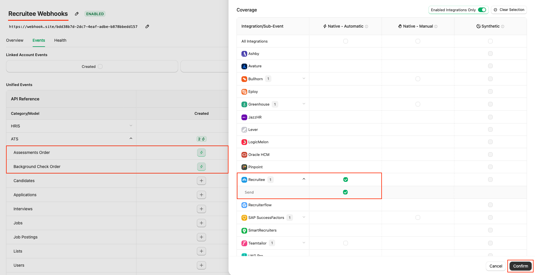 Select webhook events