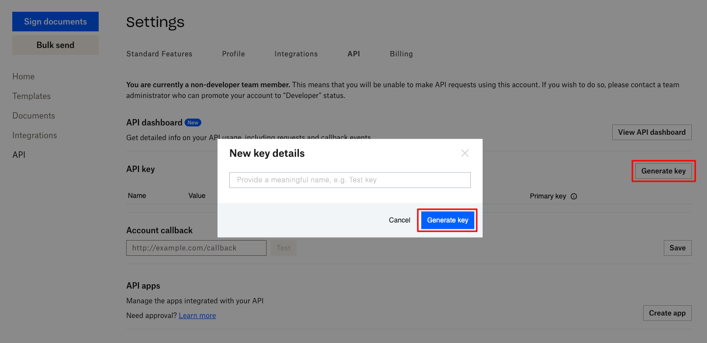 API Keys dialog