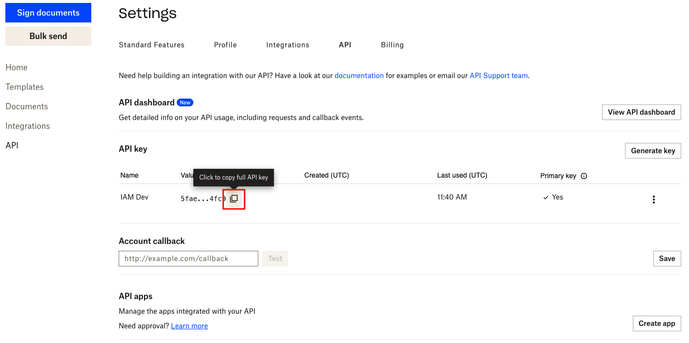 API Key page