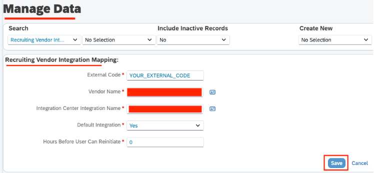 Enter all required details of Recruiting Vendor Integration Mapping
