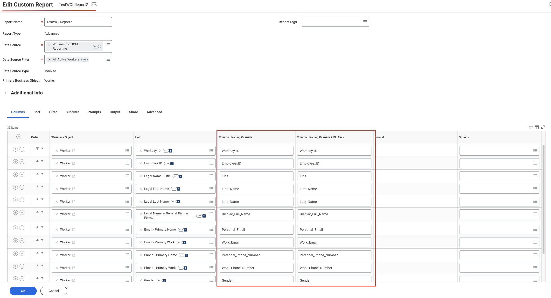 Fields and Aliases Settings