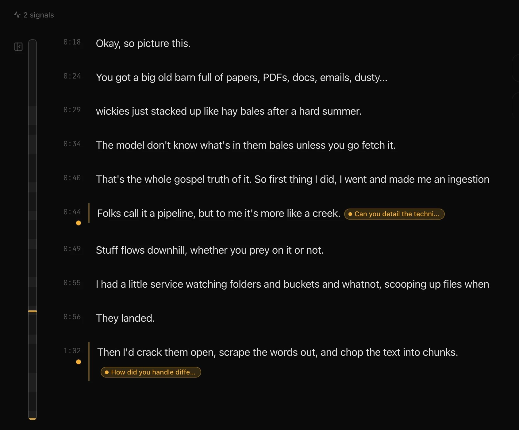 Dashboard showing transcript and a hot/cold regions scrollbar