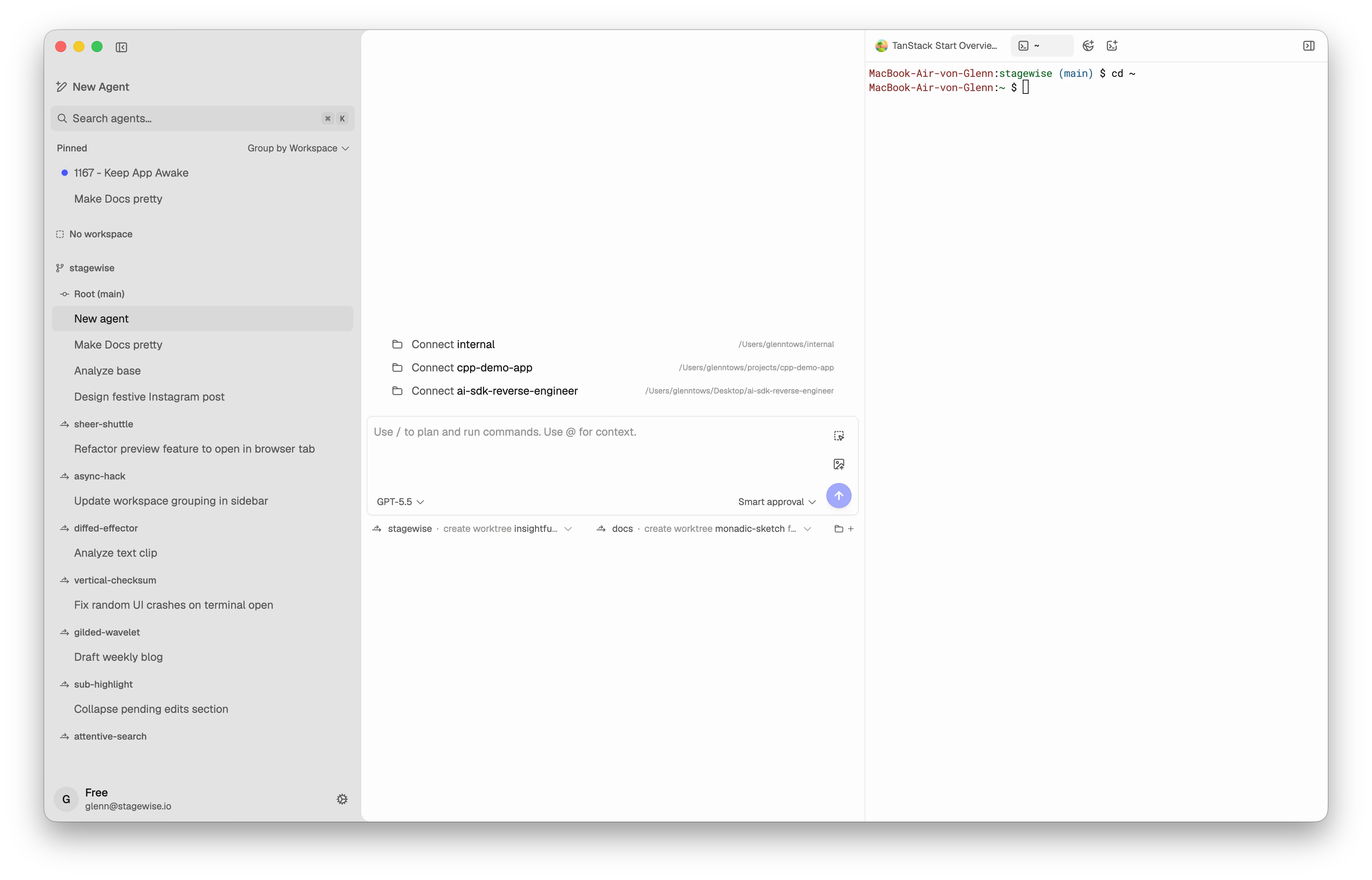 stagewise desktop IDE showing the agent sidebar, chat input, connected workspaces, and terminal panel