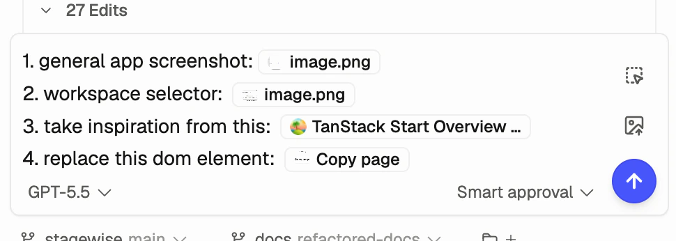Chat input with image, browser tab, and DOM element context attached to a prompt