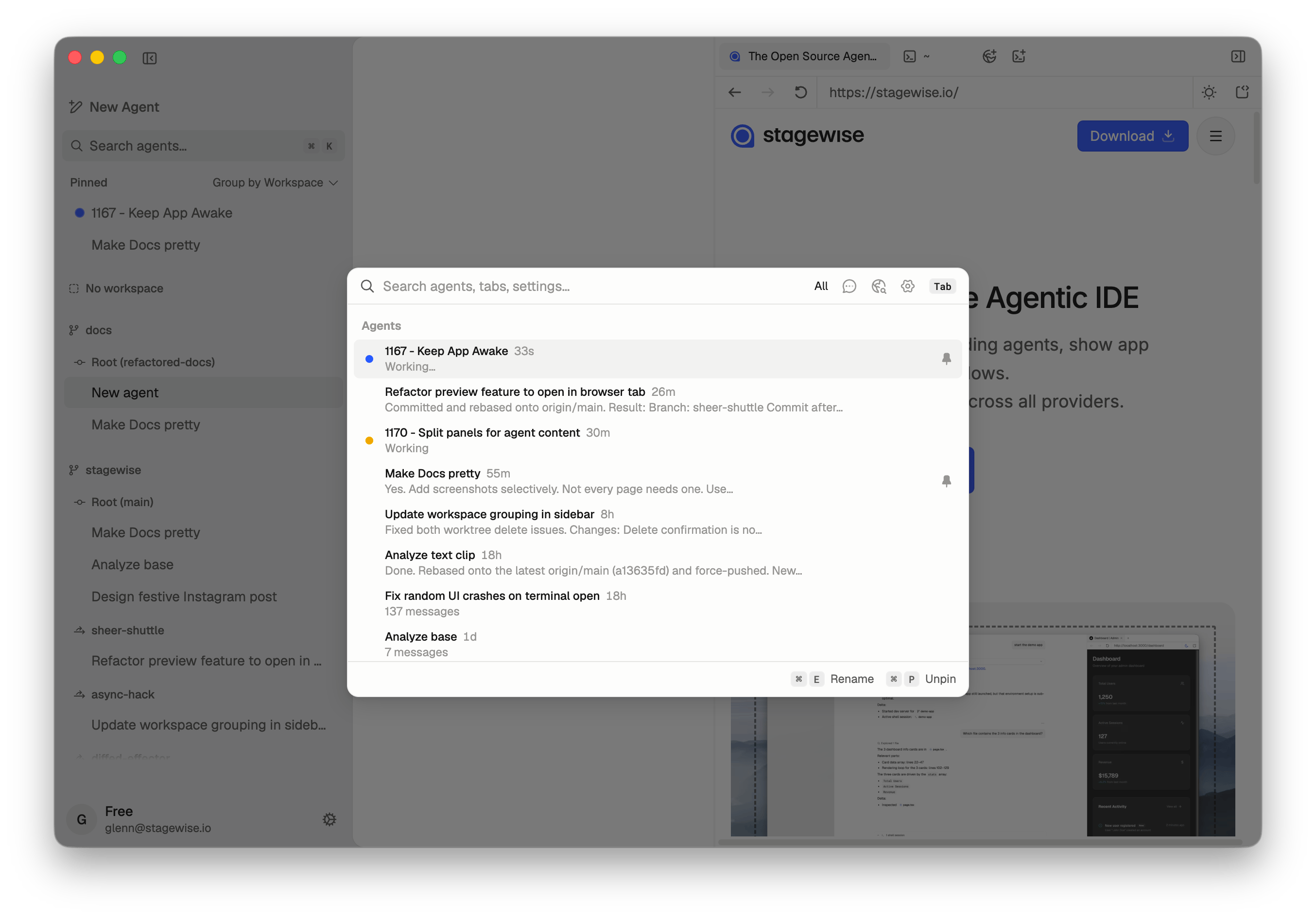 Command Center overlay listing agents with search, mode filters, and footer shortcuts