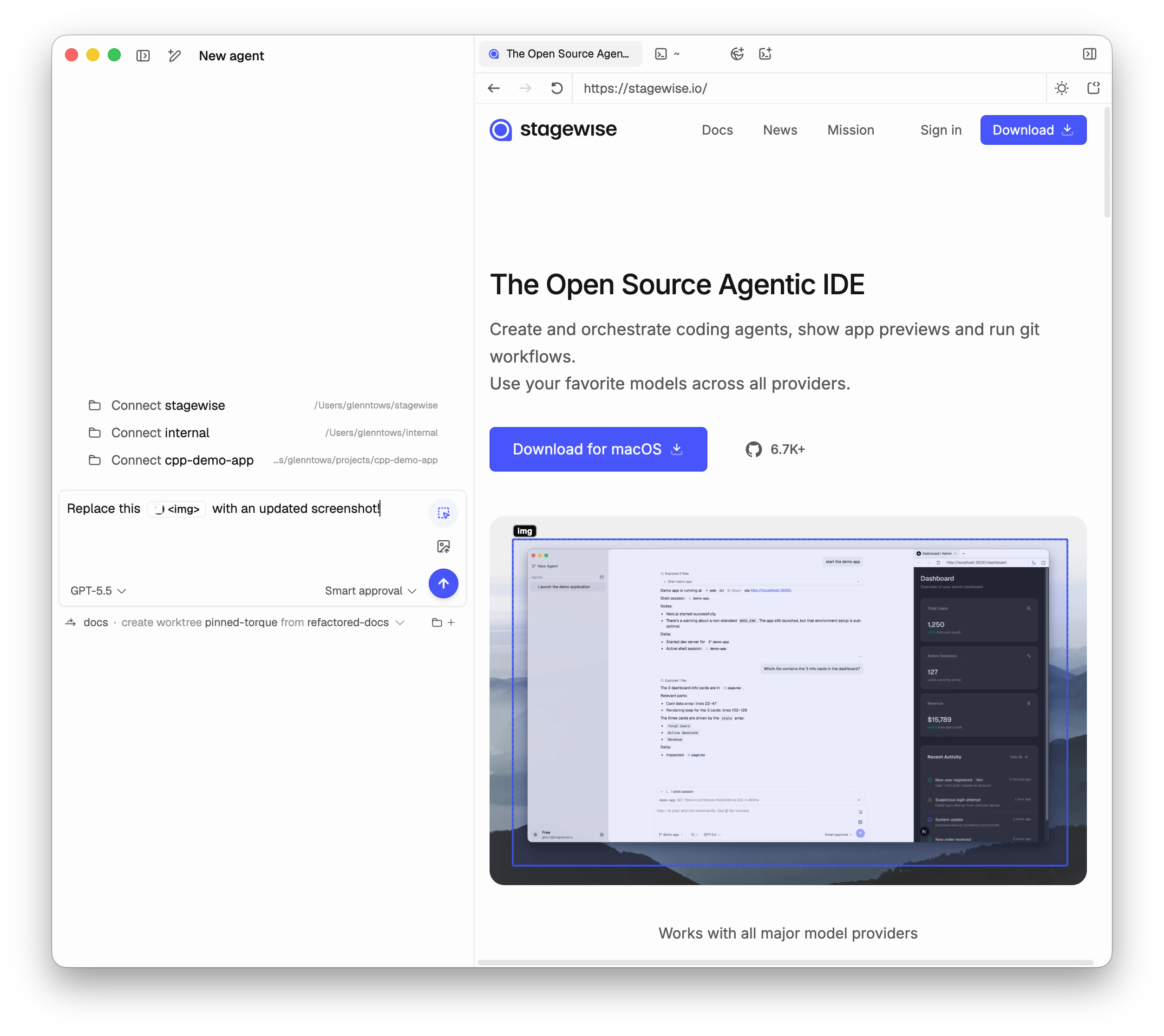 stagewise browser with a DOM element selected as visual context for an agent prompt