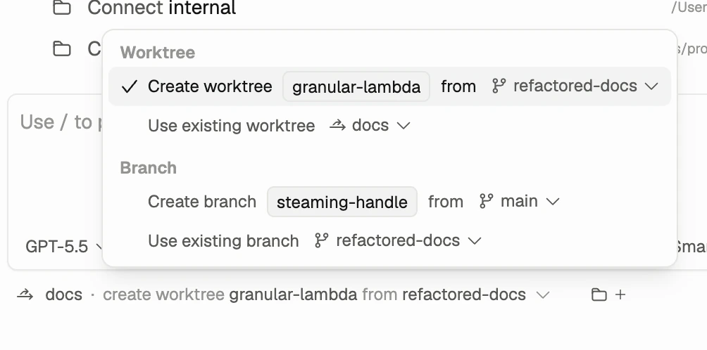 Workspace selector showing worktree and branch options for connecting a project folder