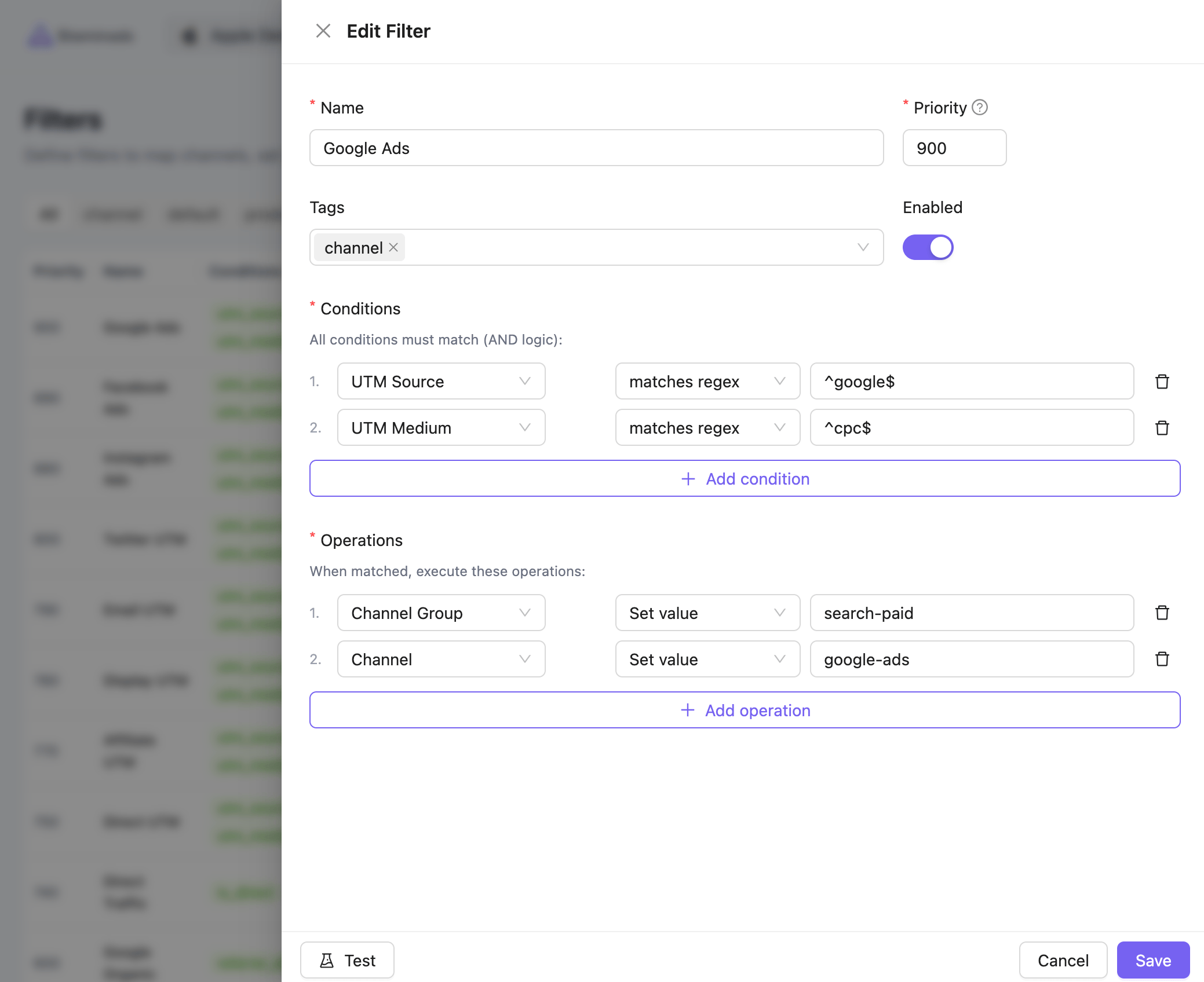 Filter form showing conditions and operations configuration