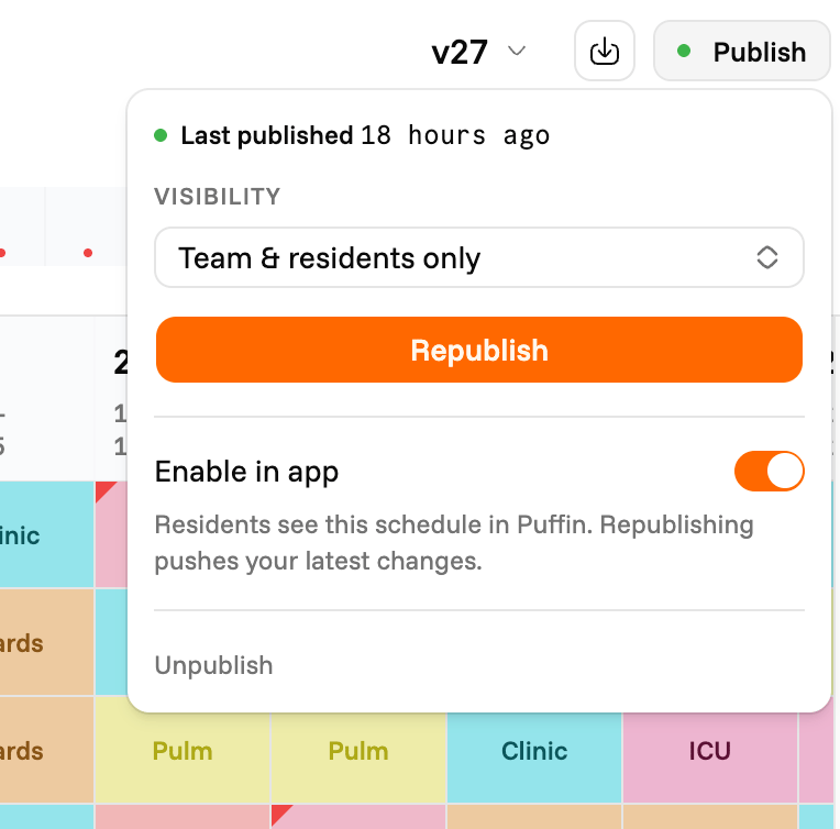 The Publish popover in the schedule header, showing when it was last published, the Visibility dropdown, the Republish button, and the Enable in app toggle